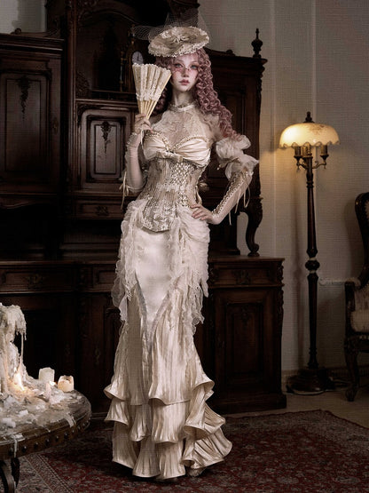 Pleated Design Layered Flowing Flounce Hem Light Beige Mermaid Skirt