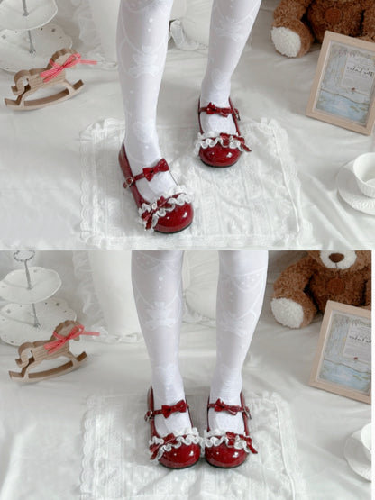 Ruffled Lace Detail, Bow Accents & Practical Heart Buckle Snap Wine Red PU Leather Flat Shoes in Sweet Lolita