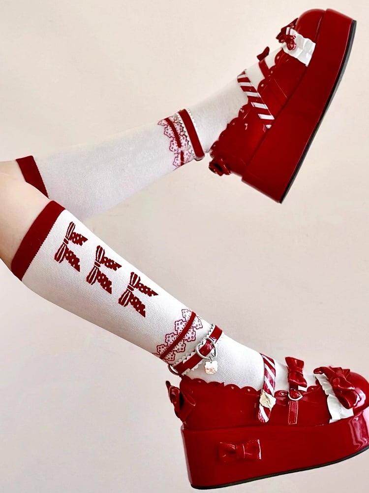 Red Polka Dot Bowknot Pattern Lolita White Calf Socks