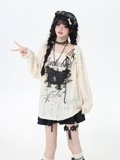 Vintage Butterfly Applique Lace-up Neckline Apricot Distressed Holes Top