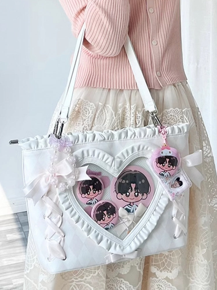 Pink Diamond Pattern Lace-up Design Ruffles Trim Heart PU Tota Ita Bag