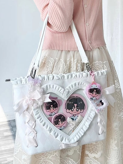 Pink Diamond Pattern Lace-up Design Ruffles Trim Heart PU Tota Ita Bag