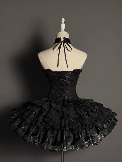 Clearance-Size M for Bust 85-99CM Black Halter Neck Sleeveless Top + Waist 64-100CM Kuro Gothic Lolita Tiered Skirt Full Set