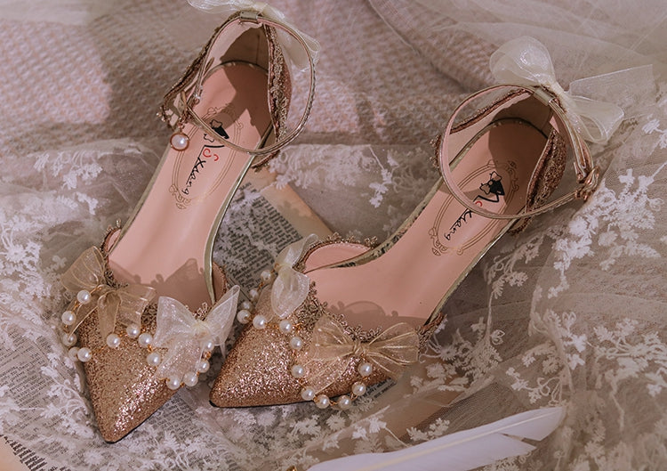Gold Beaded Chain Pointed Toe Hime Lolita Middle Heels