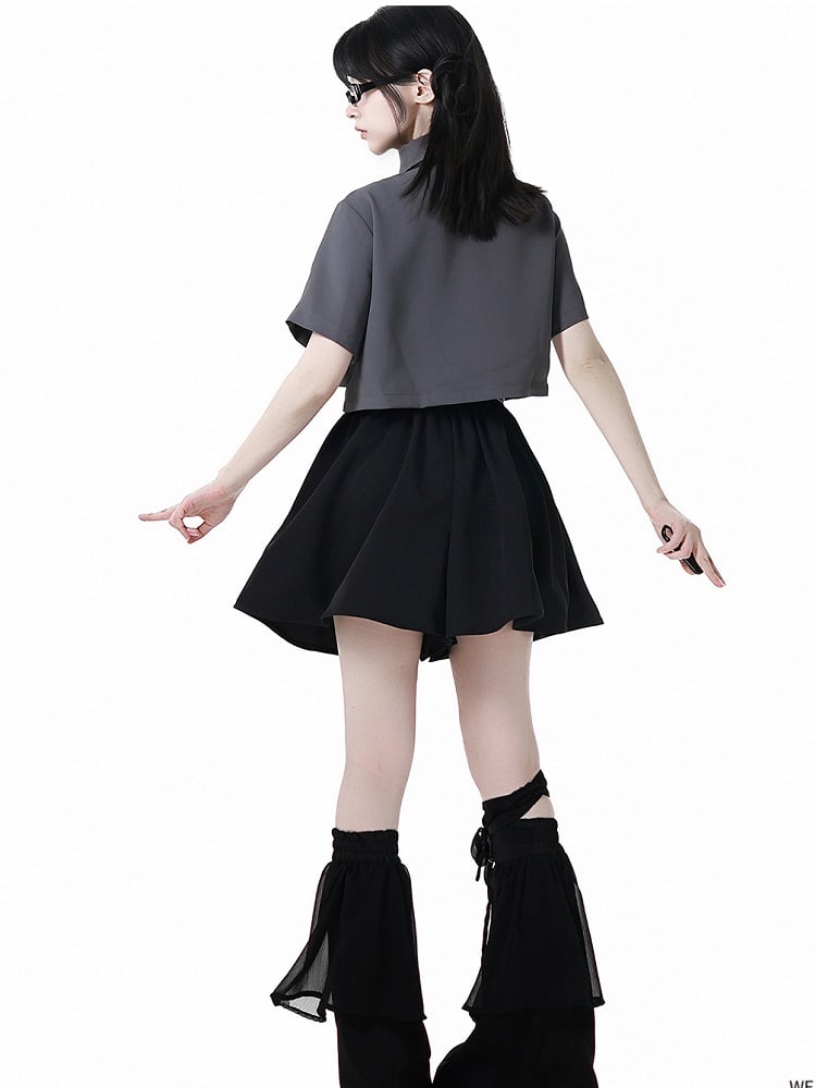 White/Gray Leather Buckles Cheongsam Style Short Sleeves Cropped Shirt with Tie