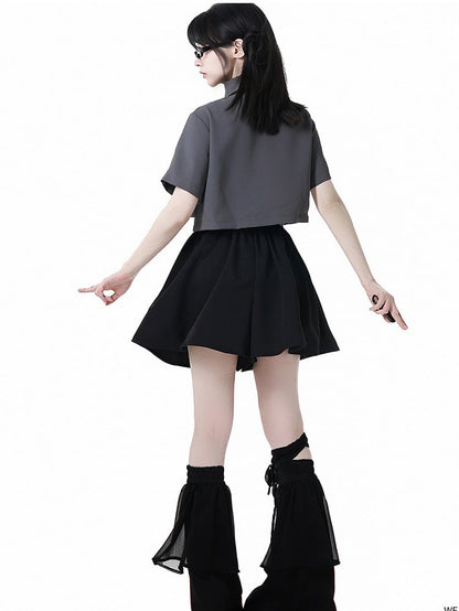 White/Gray Leather Buckles Cheongsam Style Short Sleeves Cropped Shirt with Tie