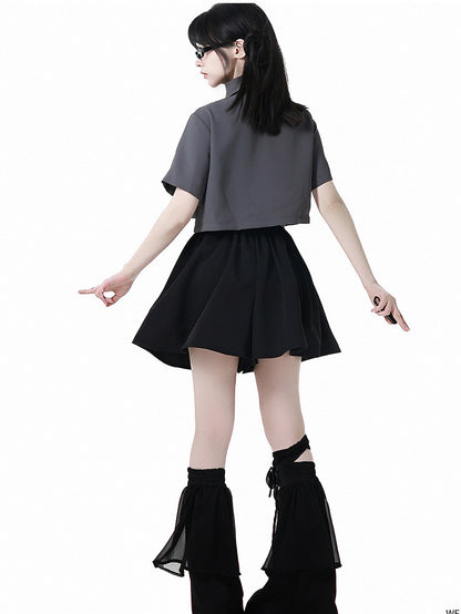 White/Gray Leather Buckles Cheongsam Style Short Sleeves Cropped Shirt with Tie