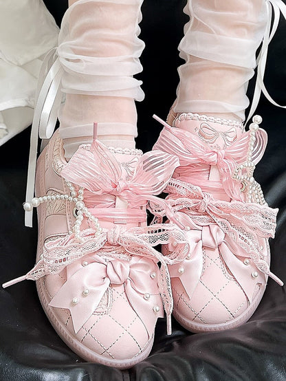 Pink Beaded Decorated Bow at Top Lace Front Lace-up Ties Sneakers