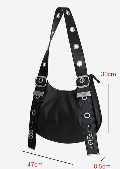 Vintage Black Crescent Tote Bag With Adjustable Strap - Punk Style