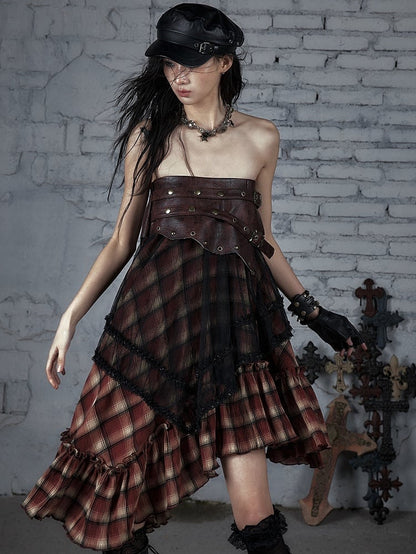 Black&Red Wasteland Punk Plaid Pattern Studs PU Waistline Asymmetrical Flounce Hem Skirt