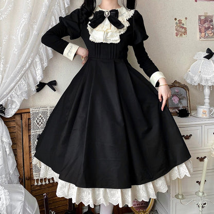 Black and Beige Juliette Sleeves Lolita Dress + Maid Apron Set