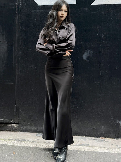 Black High Waist Satin Mermaid Skirt