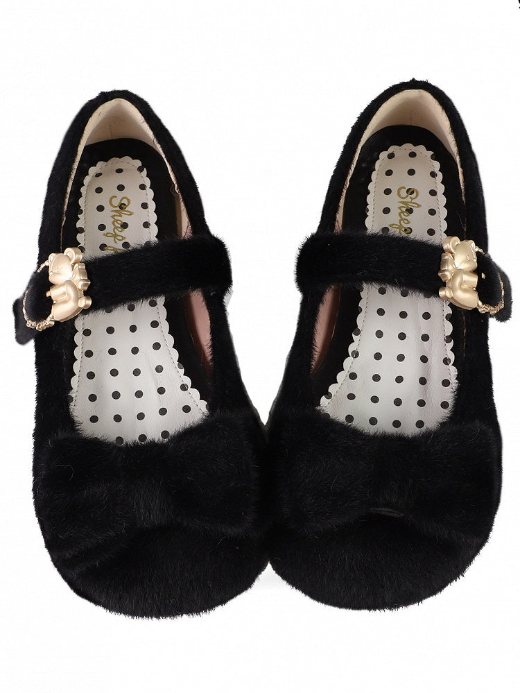 Top Bow with Hugging Bear Heart Closures Plush Flat Shoes in Sweet Lolita - Regular Version