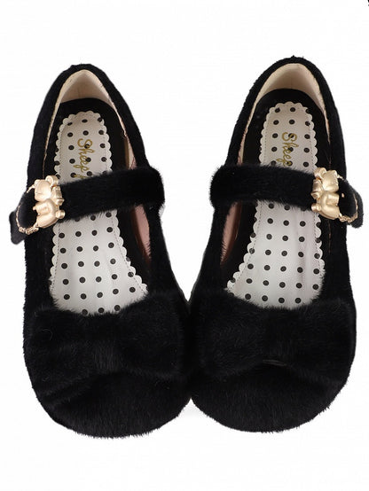 Top Bow with Hugging Bear Heart Closures Plush Flat Shoes in Sweet Lolita - Regular Version
