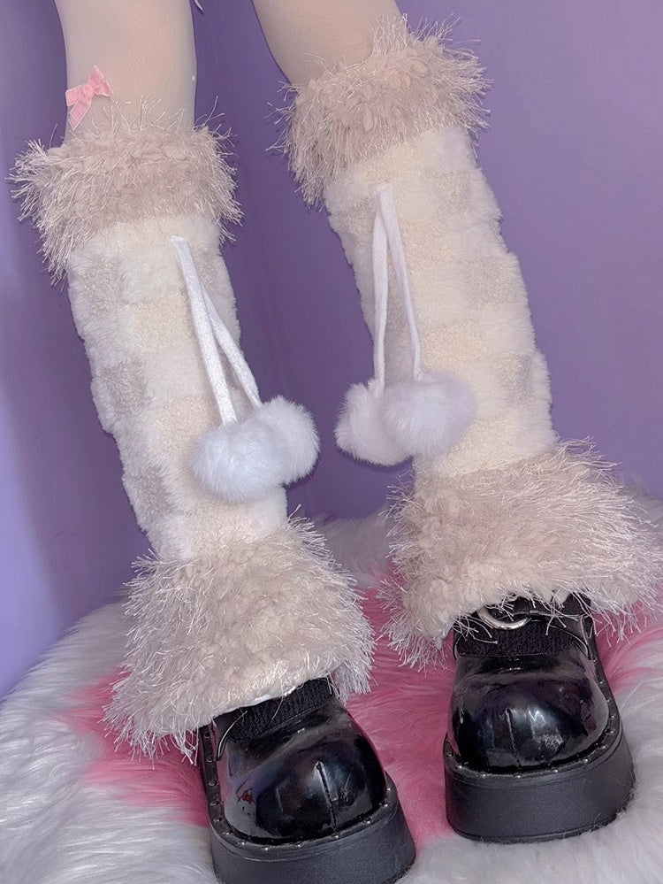 Beige Y2K Style Pompon Charms Plush Leg Warmers