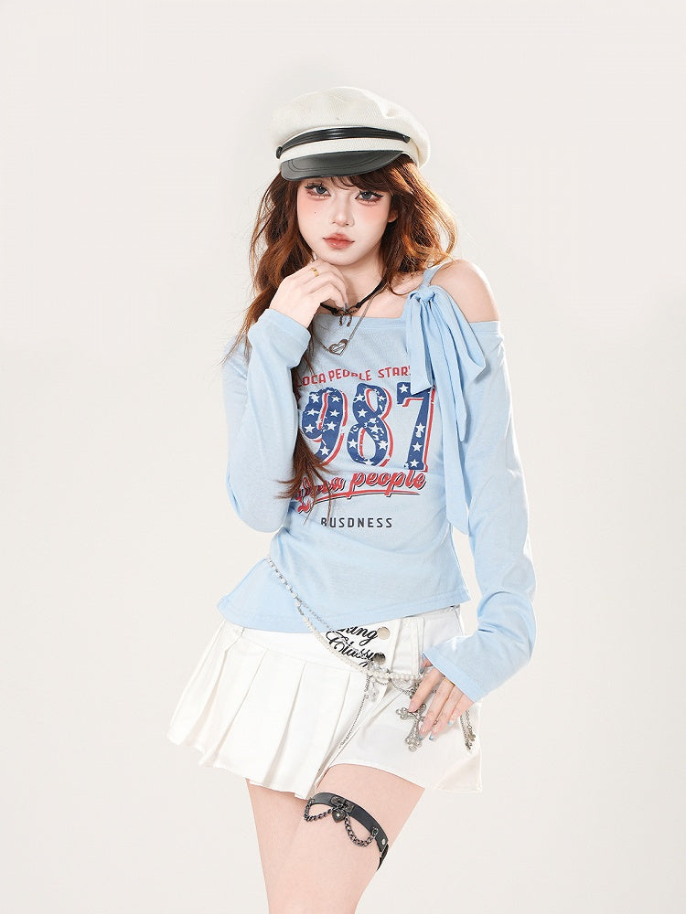 Vintage Number Print Blue/White/Black Asymmetrical Neckline Top