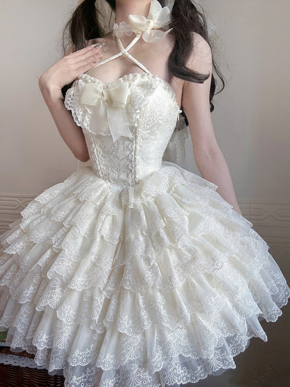 Creamy White Princess Embroidered Scallop Trim Tiered Skirt Lolita Dress