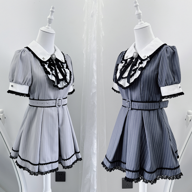 Peter Pan Collar Top with Shorts Dark Blue Stripes Maid Jirai Kei Set