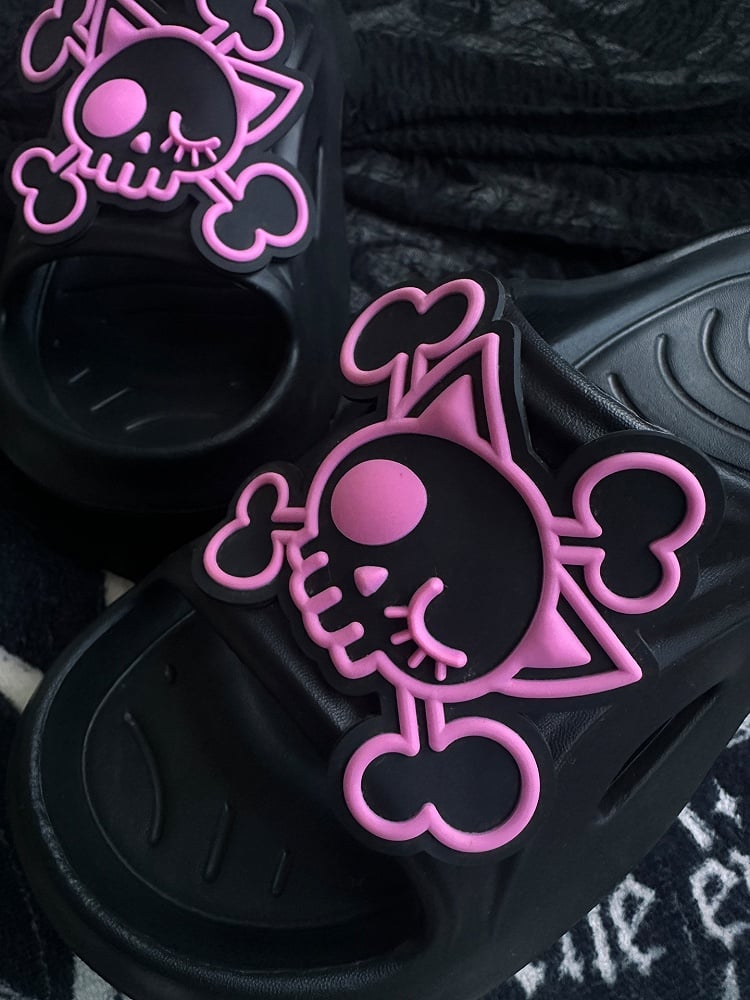 Black and Pink Gothic Skeleton Applique Thick Summer Slippers