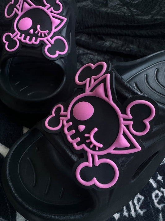 Black and Pink Gothic Skeleton Applique Thick Summer Slippers