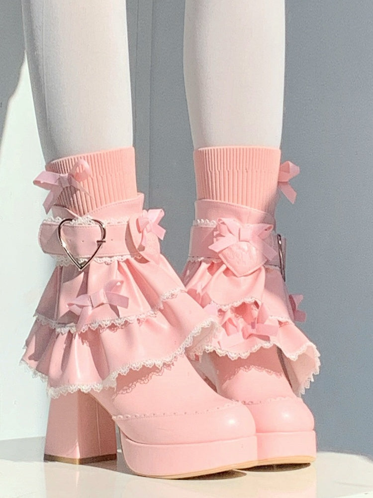 Sweet Deep Pink High-heel Boots for Lolita with Removable Tiered Ruffles Trim, Romantic Heart Clasp & Bowknot Details