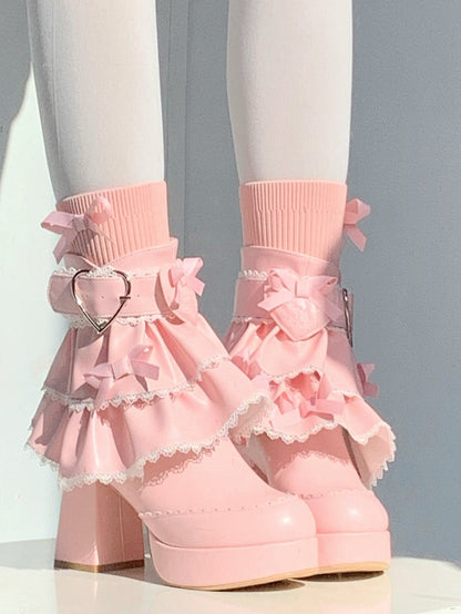 Sweet Deep Pink High-heel Boots for Lolita with Removable Tiered Ruffles Trim, Romantic Heart Clasp & Bowknot Details