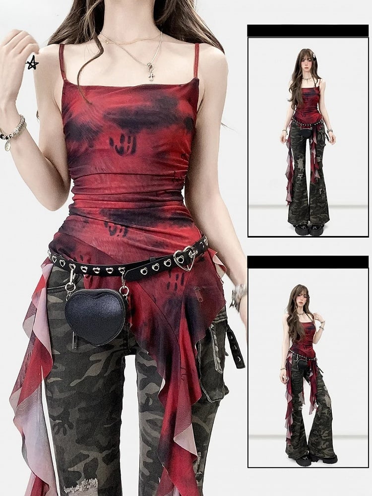 Wine Red Tie Dye Design Cascading Ruffle Accents Asymmetrical Hem Cami Top