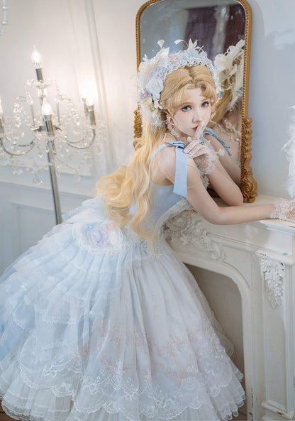 Blue Floral Embroidery Princess Corset Top + Skirt Hanayome Full Set