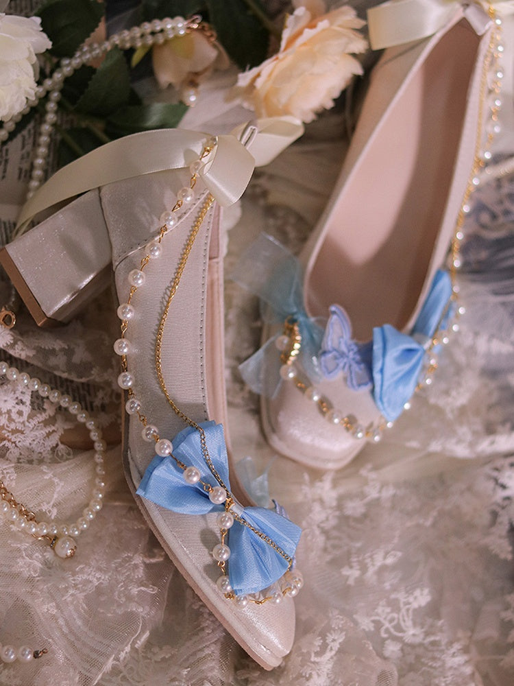 Beige & Blue Bowknot and Butterfly Applique Square Toe Hime Lolita Block Heels