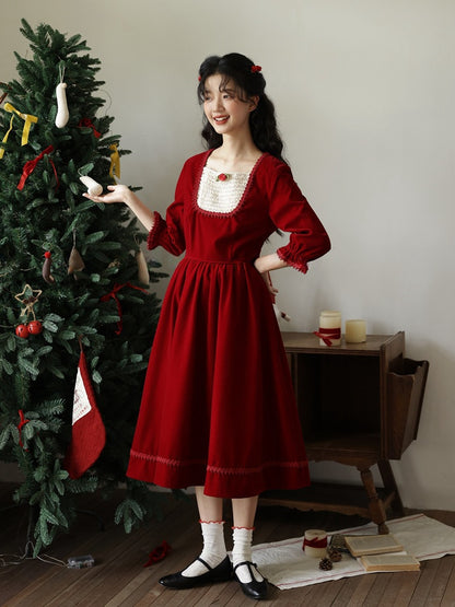 Wine Red Vintage Rose Square Neckline Dress