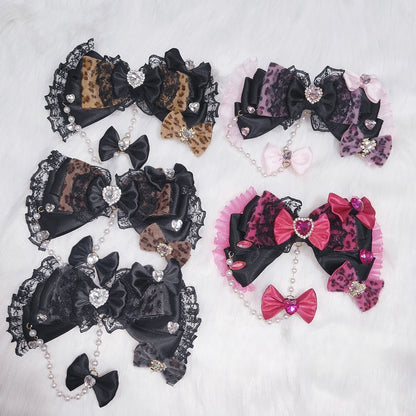 5 Color Options Two Leopard Pattern Rhinestone Heart Decorated Bead Chain Hairclips