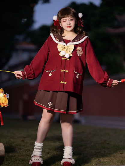 Plus Size New Year Dragon Embroidery Red Sailor Collar Top