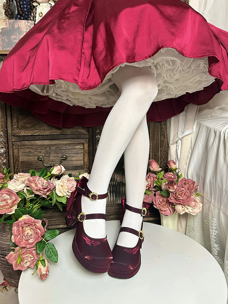 Wine Red Detachable Bowknot Lily of the Valley Embroidery Middle Heels Mary Janes
