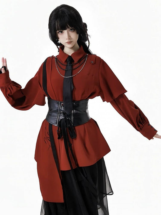 Red Cheongsam Style Draping Shirt - Detachable Cape & Embroidered Bamboo
