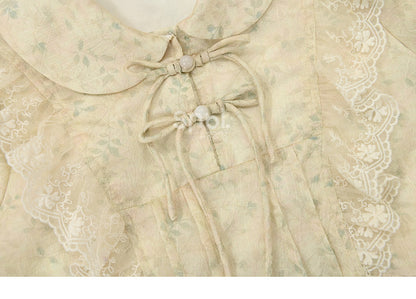 Peter Pan Collar Apricot Lace Trim High-low Blouse