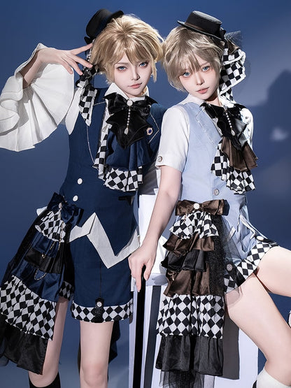 Dark Blue Foldover Collar Curved Hem Prince Style Ouji Lolita Waistcoat with Free Brooch