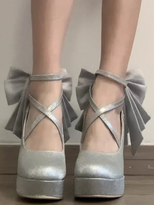 Glittering Silver Detachable Bow Hime Lolita Platform High Block Heels