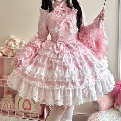 White Lace Trims Pink Bows Decorated Hanayome Dress Lolita Jumper Skirt