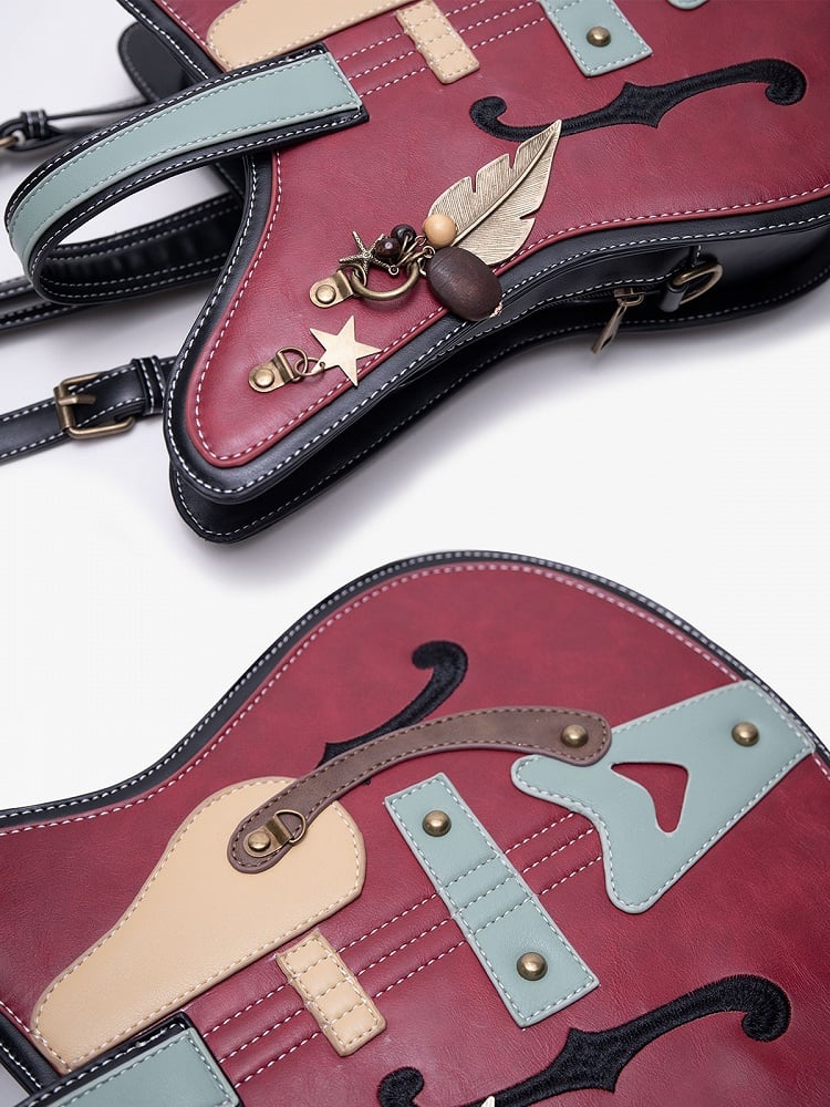 Vintage 2-Way Red Guitar-Shaped Tote Bag With Metal Feather Chain Accents
