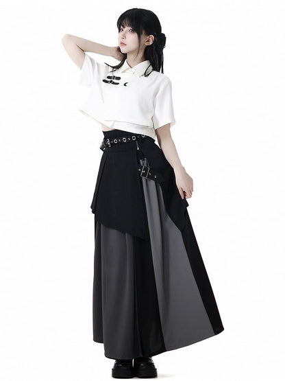Black and Gray Colorblock Design Elastic Waist Skirt
