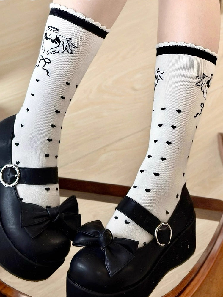Black Angel Wings Print Lolita Calf Socks