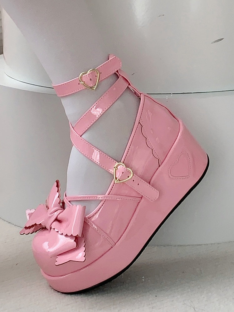 Deep Pink Sweet Lolita Platform Shoes - Top Bow, Crisscross Straps & Decorative Heart Closure