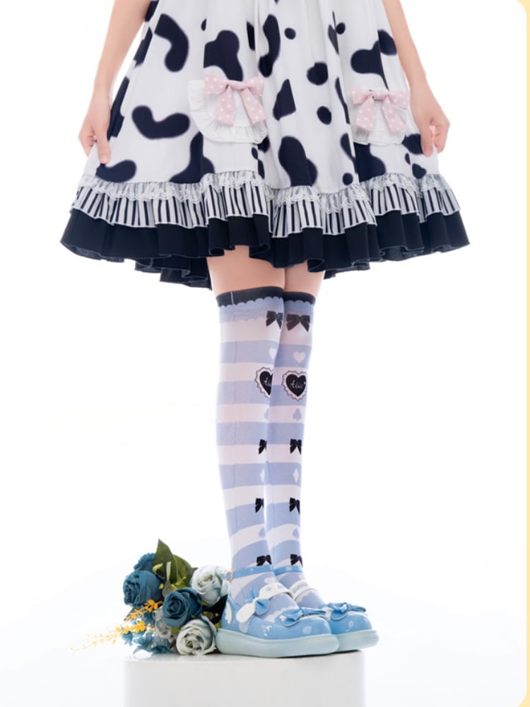 Blue & White Stripes Bow and Heart Print Over Knee Stockings