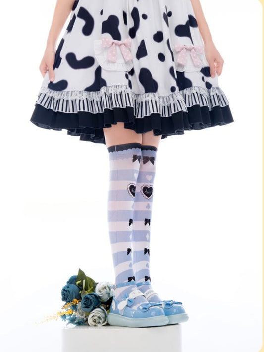 Blue & White Stripes Bow and Heart Print Over Knee Stockings