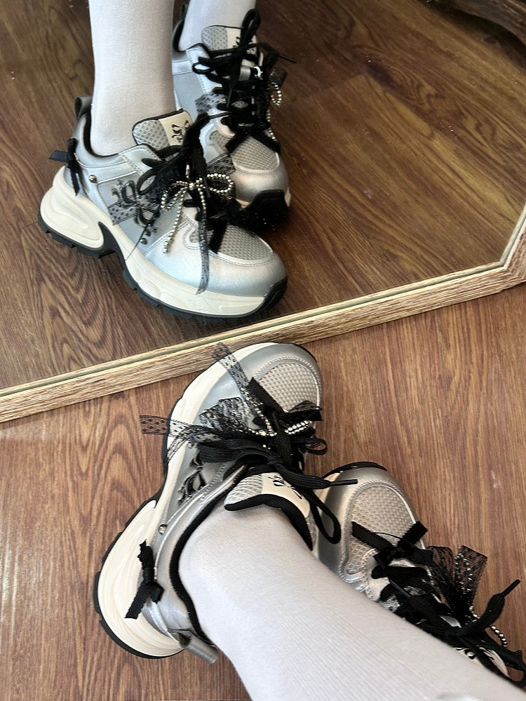 Black Beaded Decorated Bowknot Details Front Lace-up Ties Sneakers