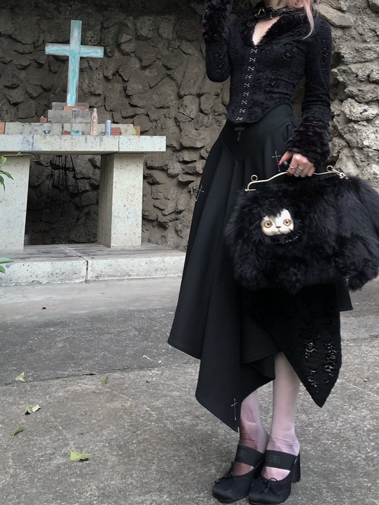 Black/Dark Gray Gothic Lace Embroidered Ankle-Length Skirt with Cross Stitch Detailing