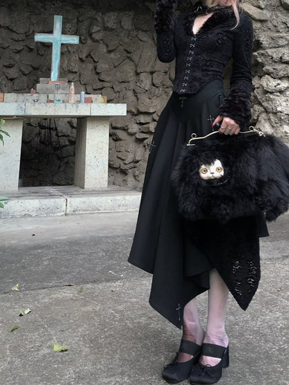 Black/Dark Gray Gothic Lace Embroidered Ankle-Length Skirt with Cross Stitch Detailing