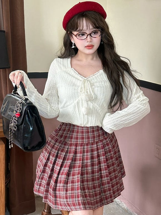 Plus Size White Pompom Accents V-neck Long Sleeves Lace Top