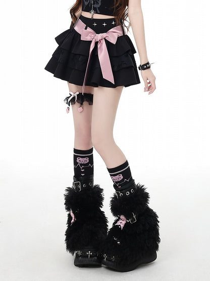 Black Bittersweet Mini Tiered Skirt with Detachable Bow