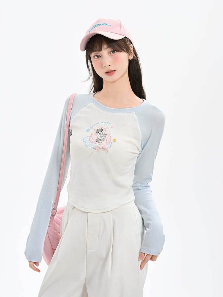 Cartoon Kitty Embroidery Blue and White Colorblock Design Top